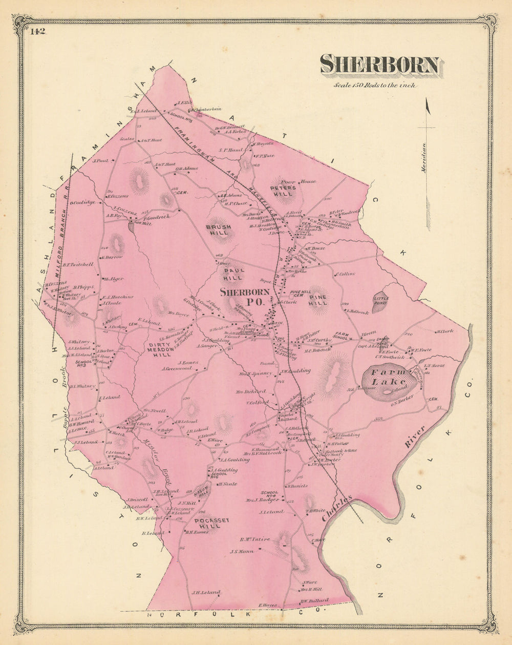 Sherborn — Massachusetts town & land ownership plan — Frederick W Beers 1875 map