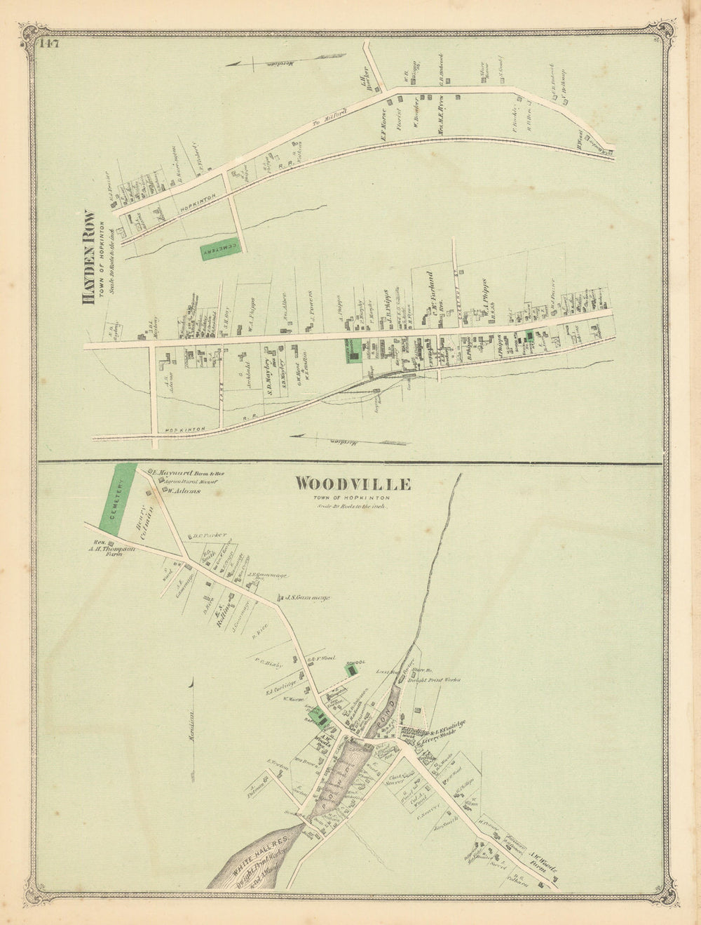 Hayden Row & Woodville, Hopkinton—Massachusetts village plans—FW Beers 1875 map