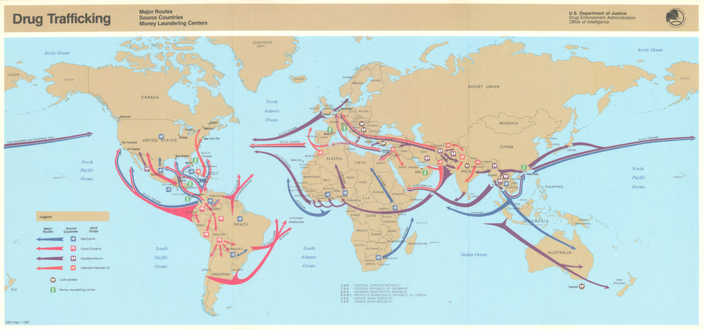 Drug Trafficking—Major Routes, Source Countries & Money Laundering—DEA 1987 map