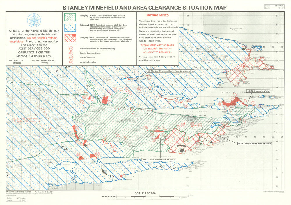 Stanley Minefield & Area Clearance Situation Map—Falklands—Royal Engineers 1990