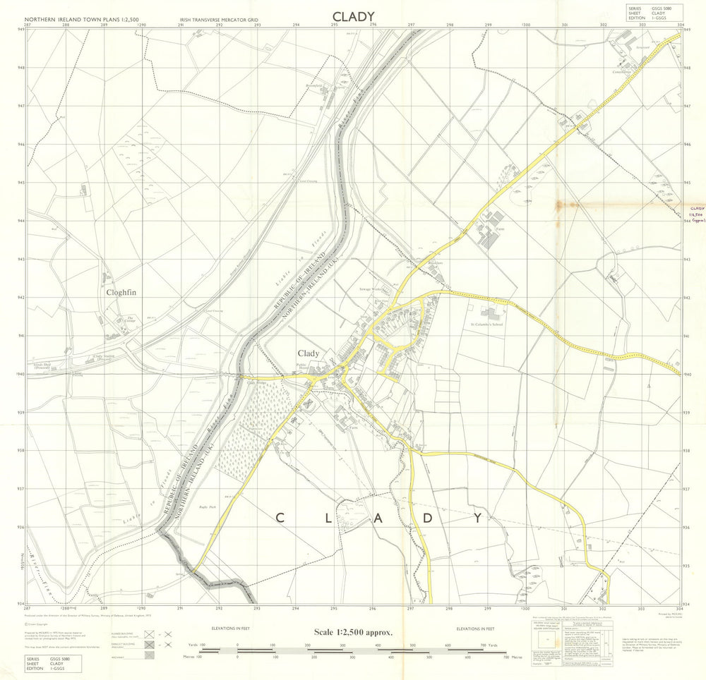Clady & River Finn border—Troubles military village plan—MOD—RE 1975 old map