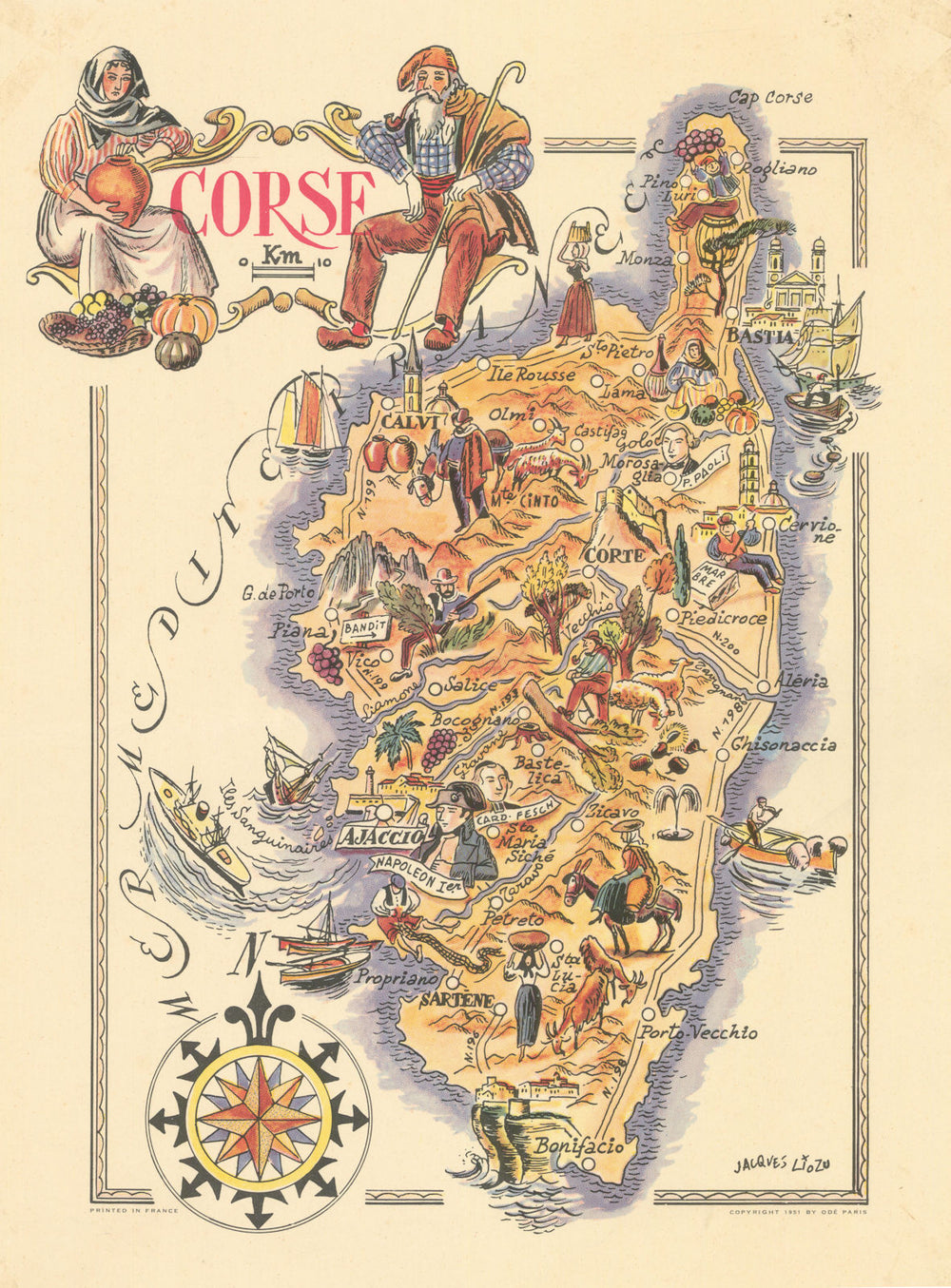 Corse / Corsica—Jacques Liozu pictorial map of island life—45x33cm 1951