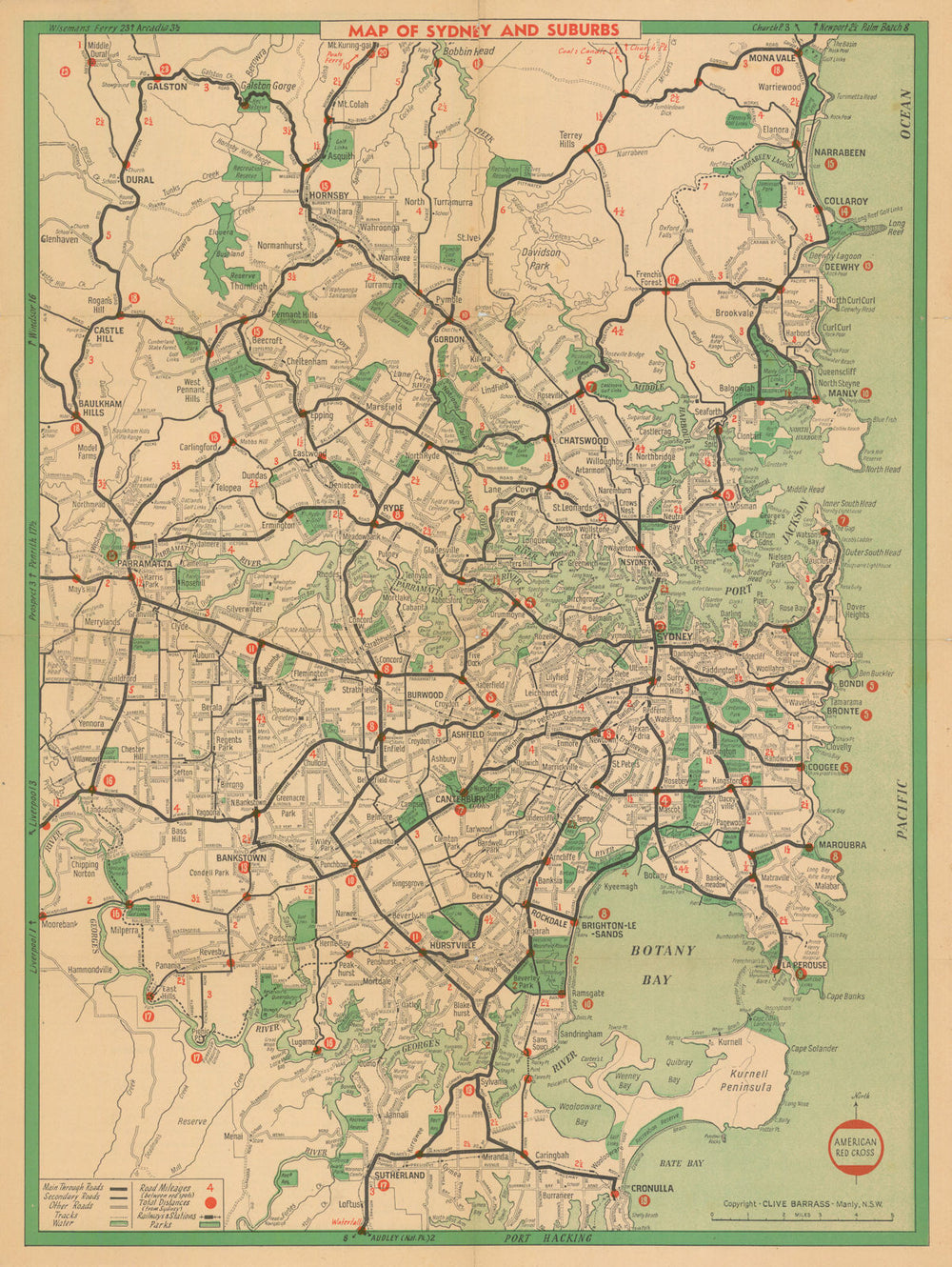 Map Sydney & suburbs for Allied WW2 serviceman—Barrass—American Red Cross c1944