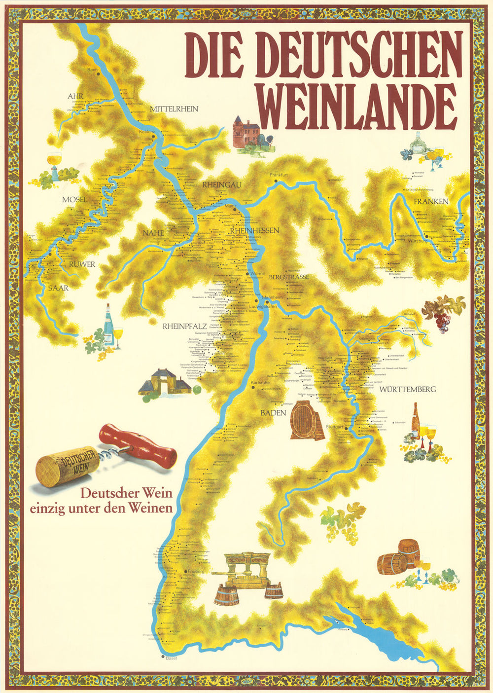 Die deutschen Weinlande—German wine regions pictorial map—Rhine—Mosel c1971