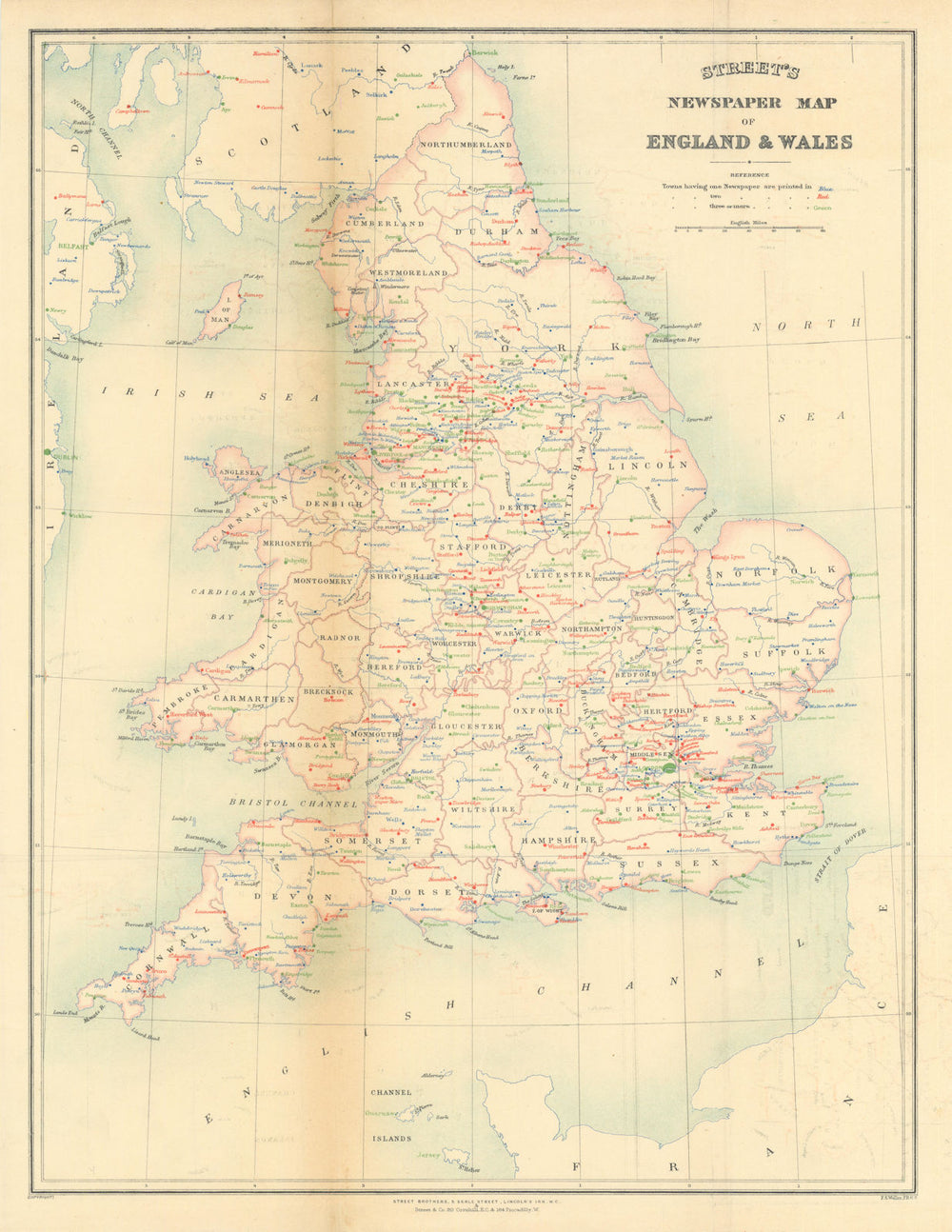 Street’s Newspaper Map of England & Wales—Papers per town—Francis Weller c1897