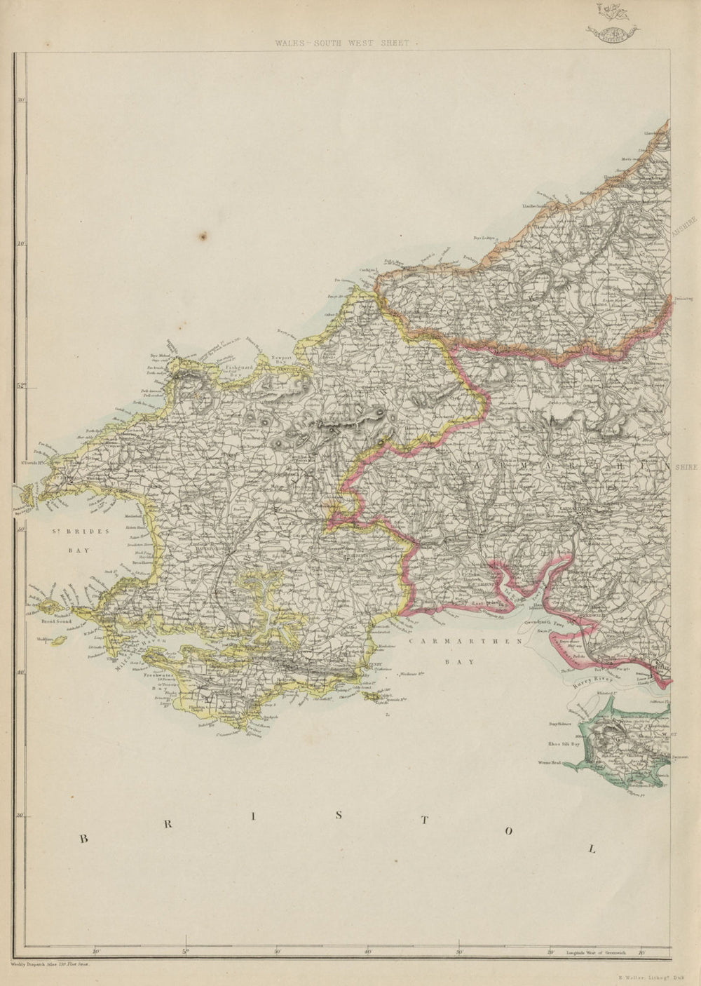 SOUTH WEST WALES. Pembrokeshire Carmarthenshire Cardiganshire. WELLER 1862 map