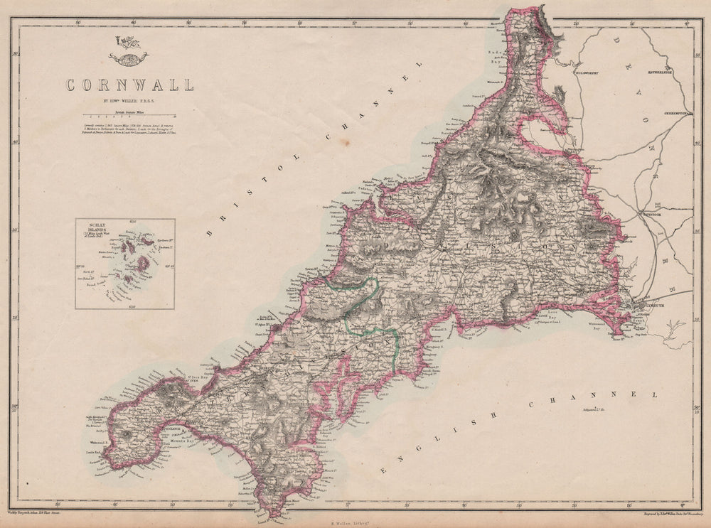 CORNWALL. Antique county map. Railways. Bodmin Moor. WELLER 1862 old
