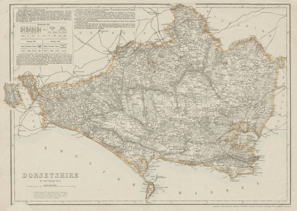 DORSETSHIRE county map. Poole Weymouth. Exclave. Railways. WELLER 1862 old