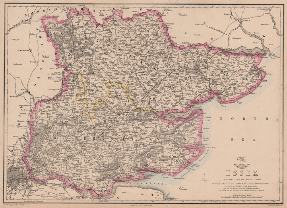 ESSEX. Antique county map. Railways. BR DAVIES 1862 old plan chart
