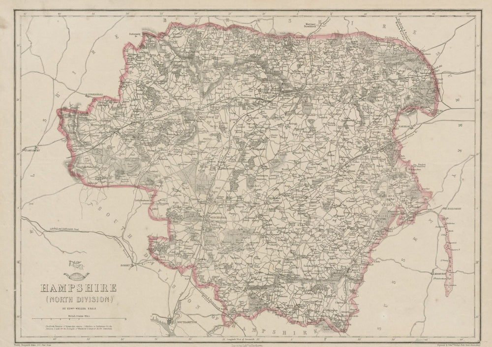 HAMPSHIRE NORTH. Winchester Basingstoke. Exclave. Railways. WELLER 1862 map