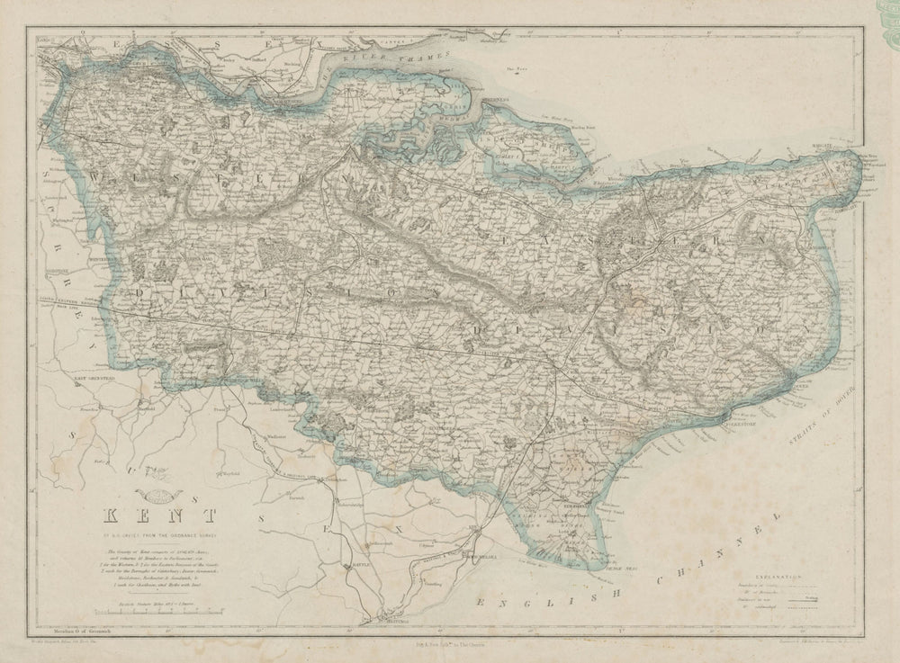 KENT. County map. Downs. Railways in use/under construction. BR DAVIES 1862