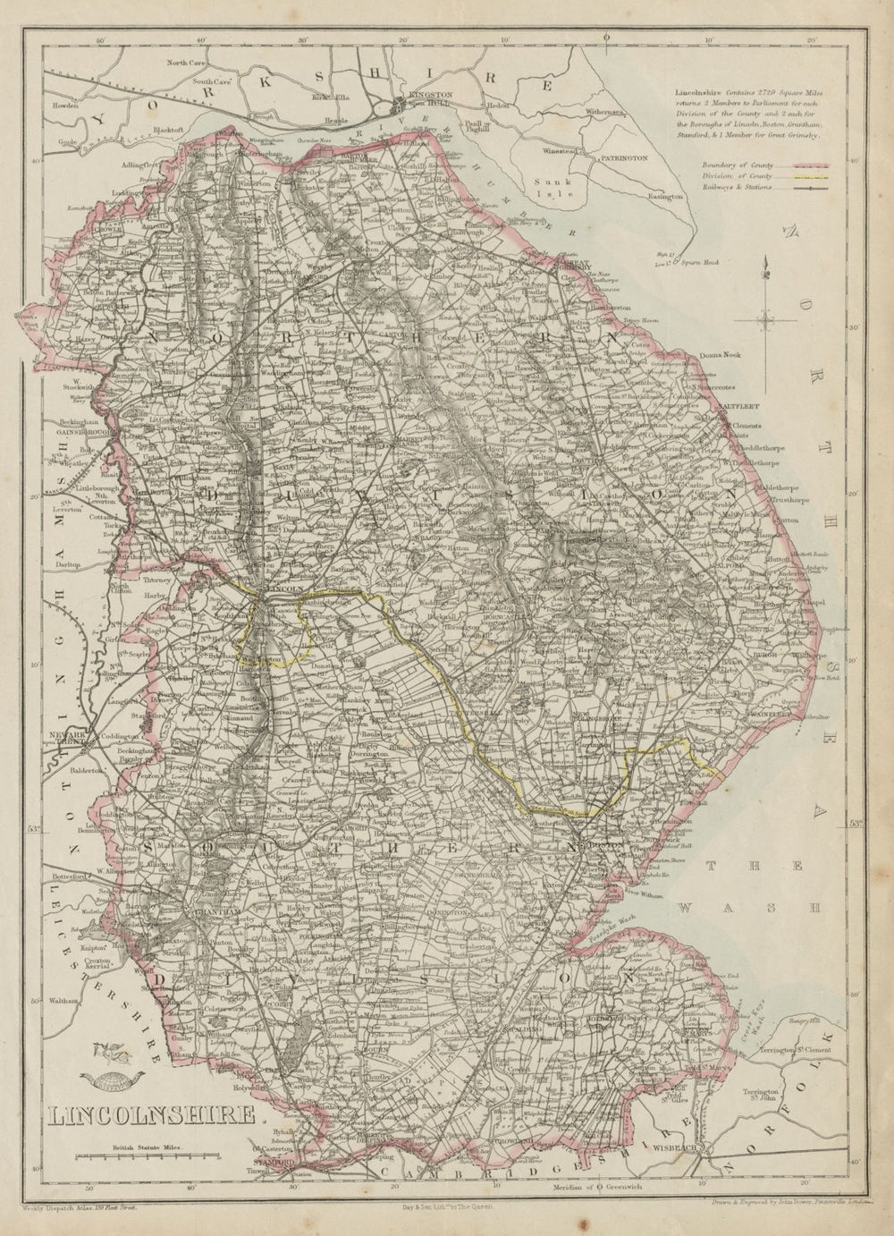 LINCOLNSHIRE. Antique county map. Fens. Railways. DOWER 1862 old
