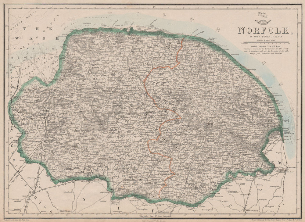 NORFOLK. County. Shows extensive proposed Wash land reclamation. DOWER 1862 map