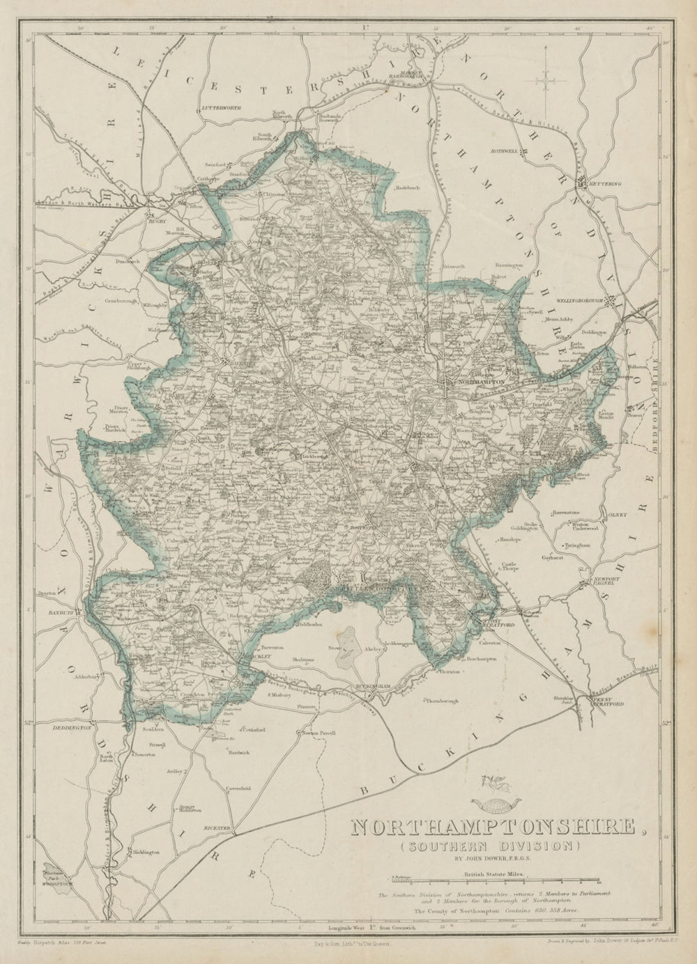 NORTHAMPTONSHIRE SOUTH. Daventry Towcester. Railways. DOWER. Dispatch 1862 map