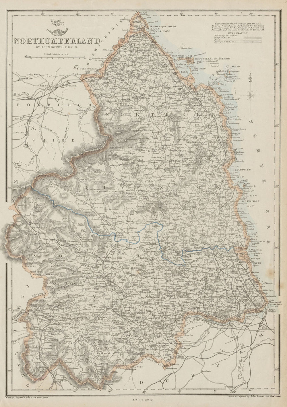 NORTHUMBERLAND. County map. Railways Cheviot Hills Farne Islands.DOWER 1862