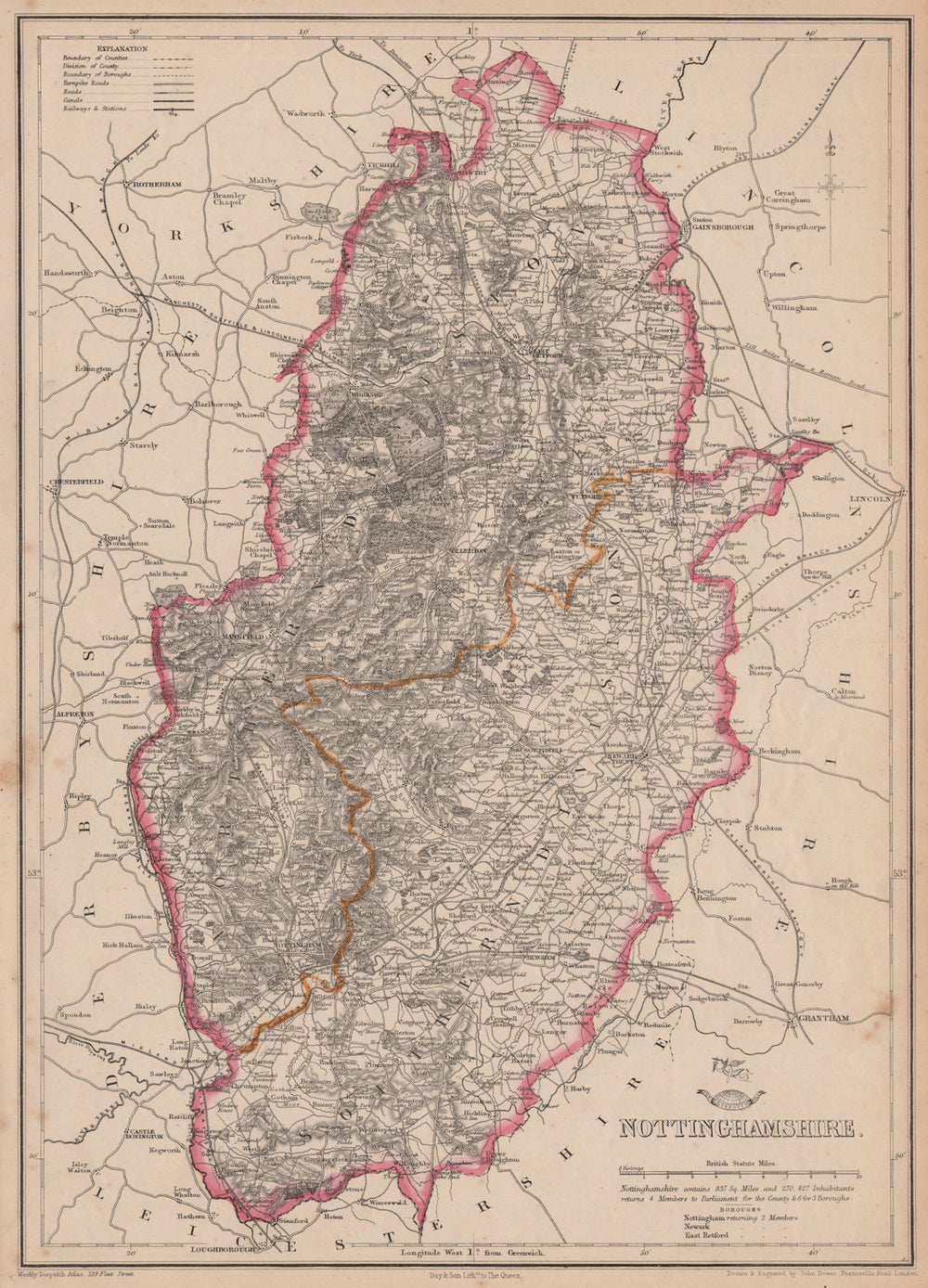 NOTTINGHAMSHIRE. Antique county map. Railways Dukeries. DOWER 1862 old