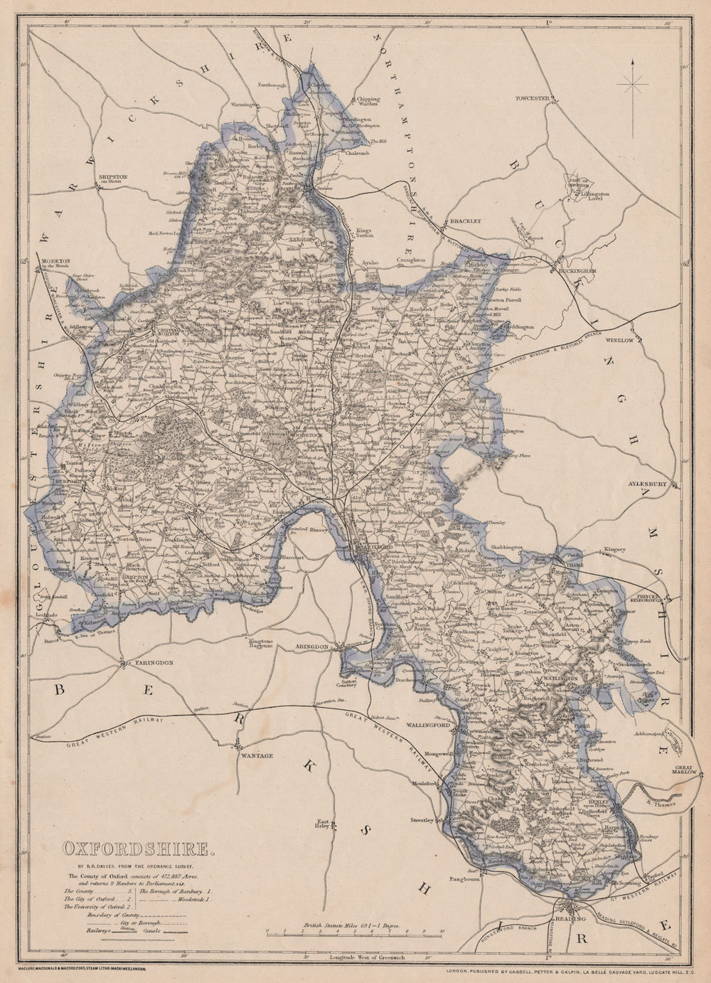 OXFORDSHIRE Antique county map. Railways Cotswolds Chilterns.BR DAVIES 1862