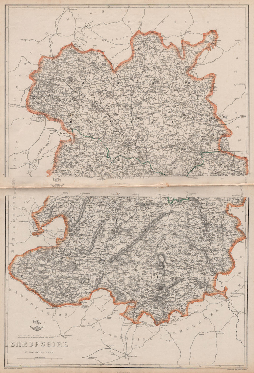 SHROPSHIRE Large county map. Railways Wenlock Edge Stiperstones.WELLER 1862