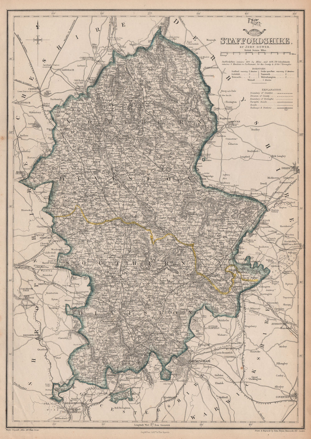 STAFFORDSHIRE. Antique county map. Showing railways & exclave. DOWER 1862