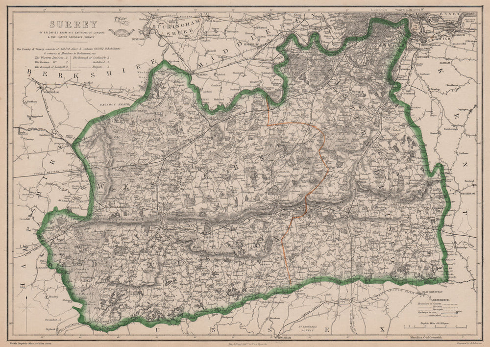SURREY. Chertsey Guildford Dorking. County map. Railways. BR DAVIES 1862