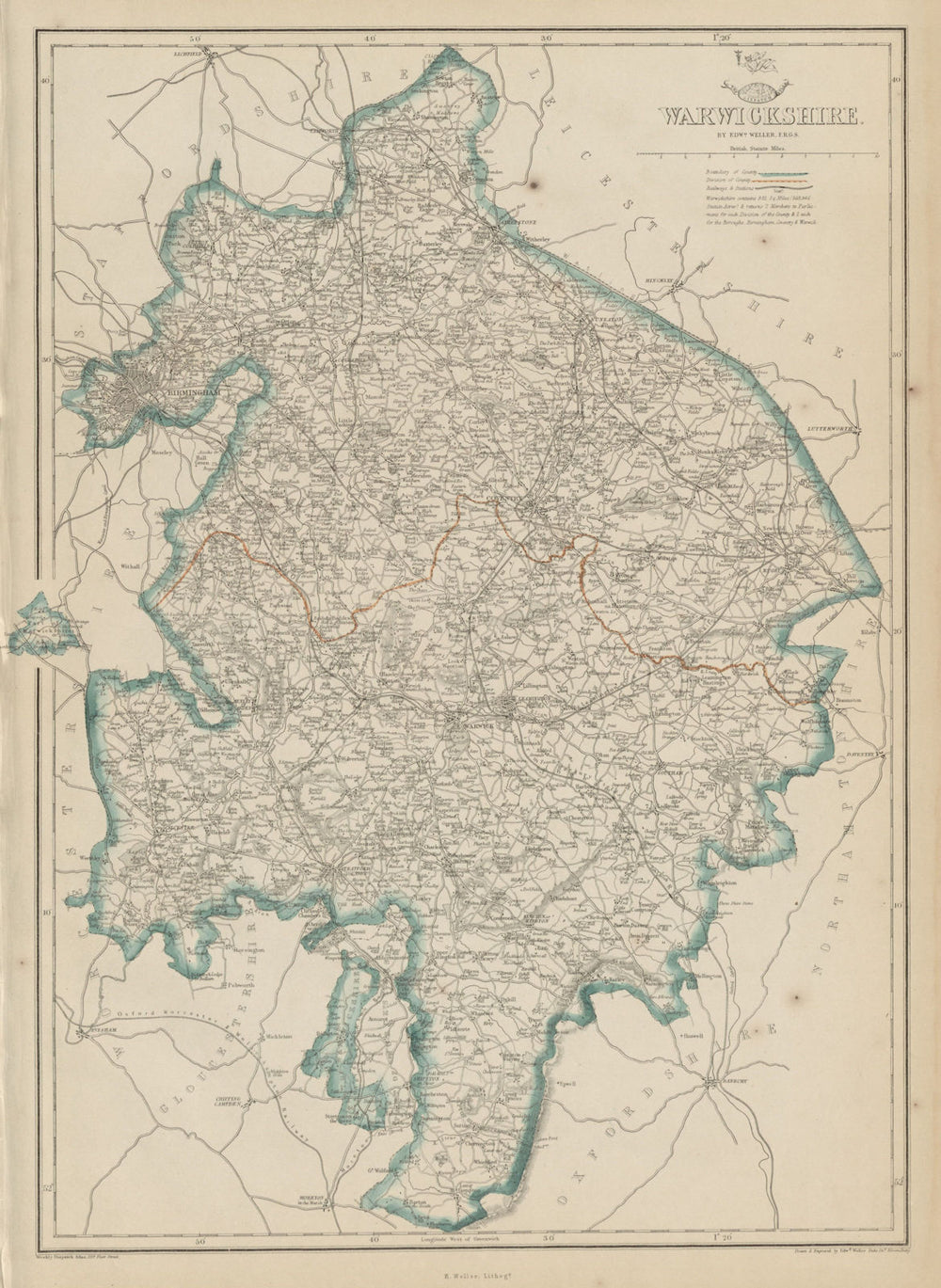 WARWICKSHIRE. Birmingham. County map showing excave & railways. WELLER 1862