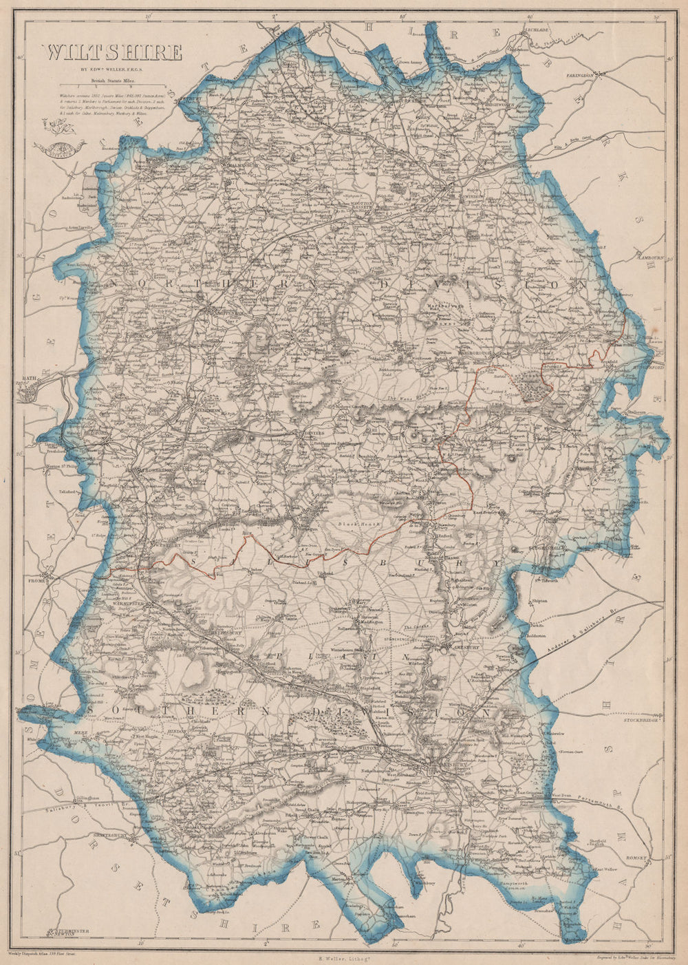 WILTSHIRE. Salisbury Plain. Antique county map. Railways. WELLER 1862 old