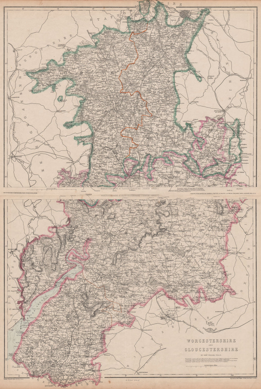 SEVERN/AVON VALLEYS 'Worcestershire & Gloucestershire'.Railways.WELLER 1862 map