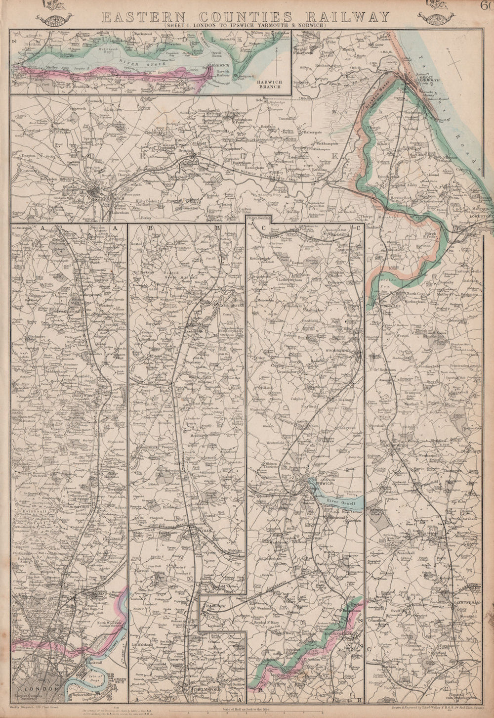 EASTERN COUNTIES RAILWAY 1.London to Ipswich Yarmouth & Norwich.WELLER 1862 map