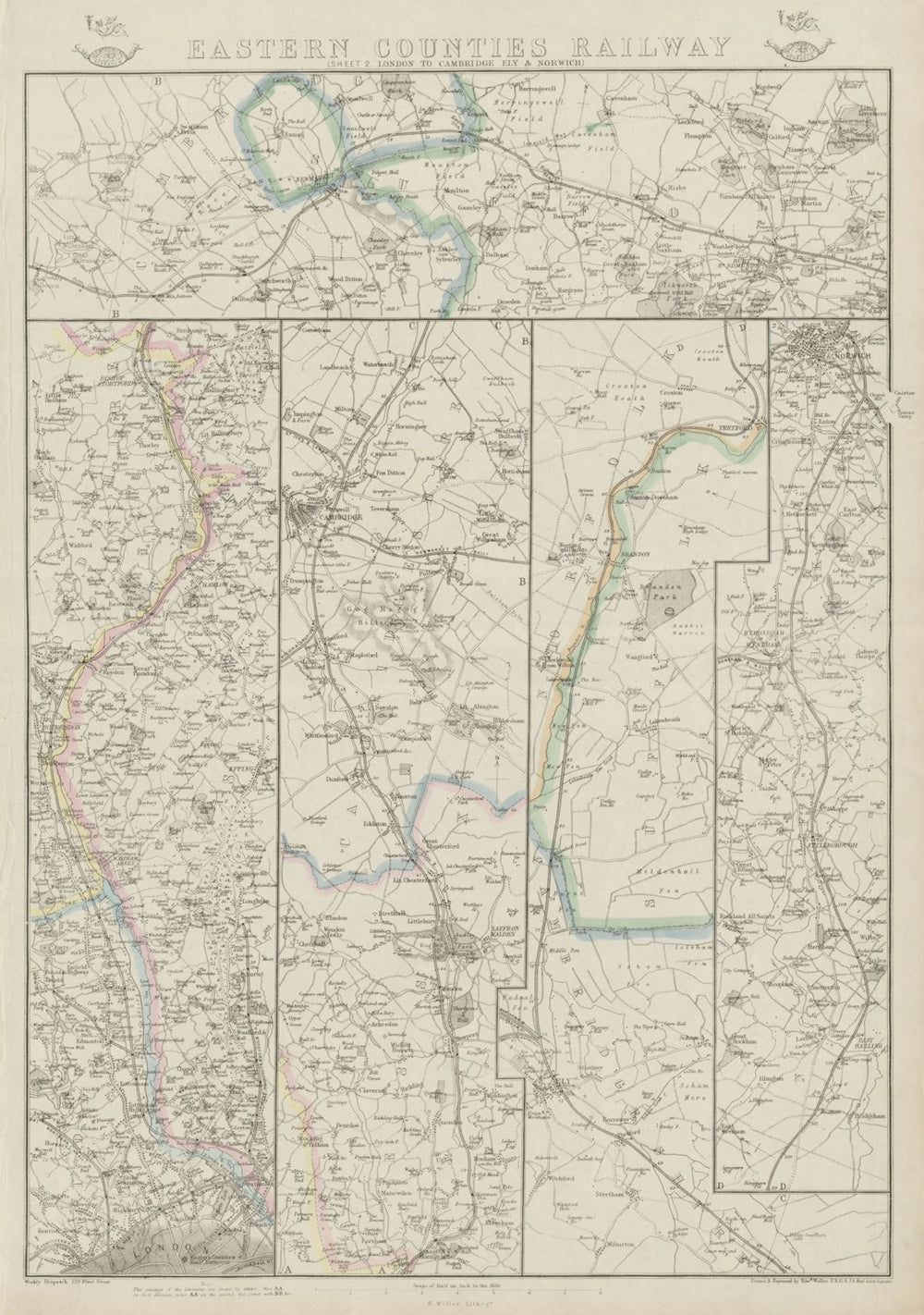 EASTERN COUNTIES RAILWAY 2. London to Cambridge Ely & Norwich. WELLER 1862 map