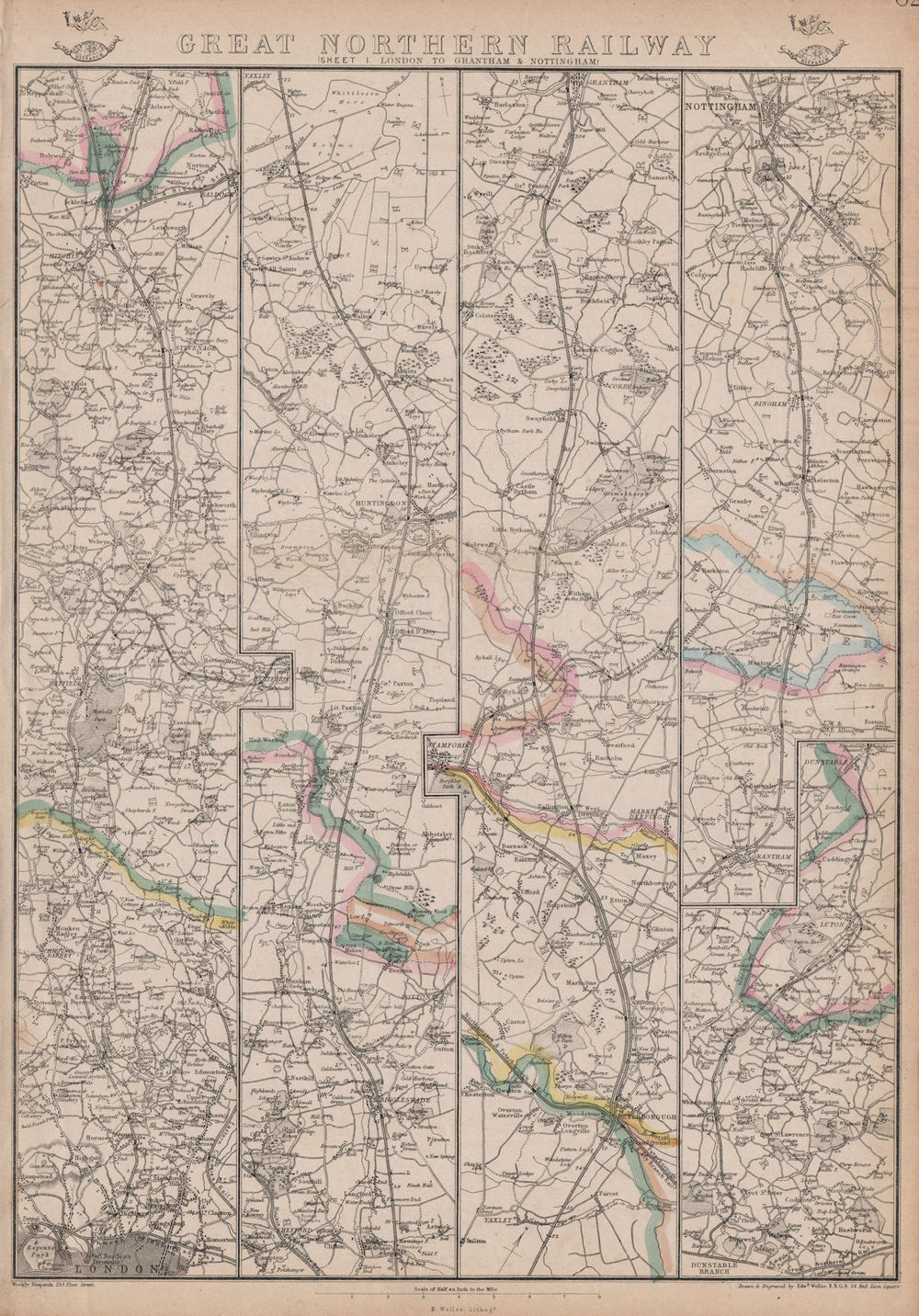 GREAT NORTHERN RAILWAY 1. London to Grantham & Nottingham. WELLER 1862 old map