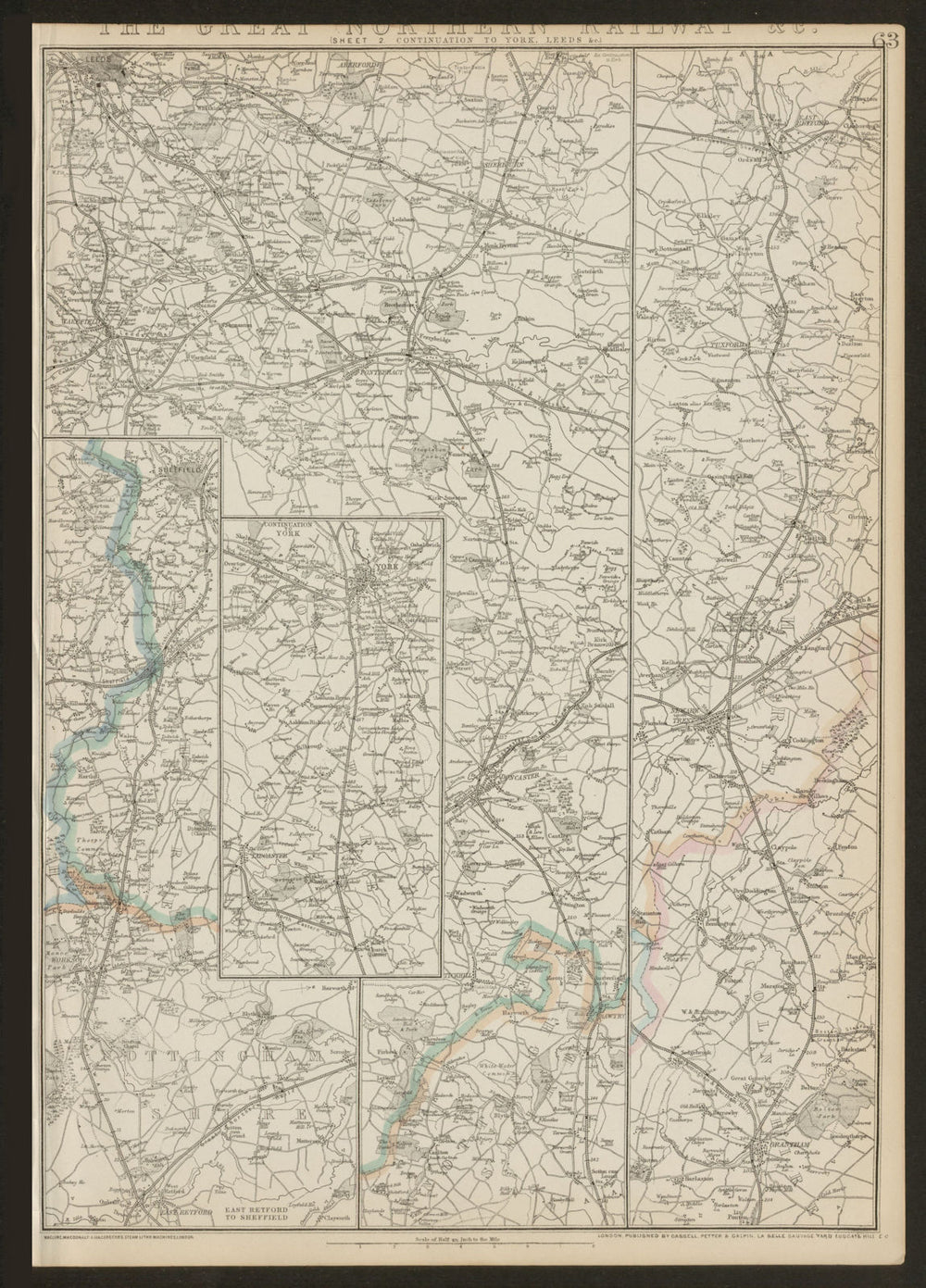 GREAT NORTHERN RAILWAY 2. Grantham to York, Leeds & Sheffield. WELLER 1862 map