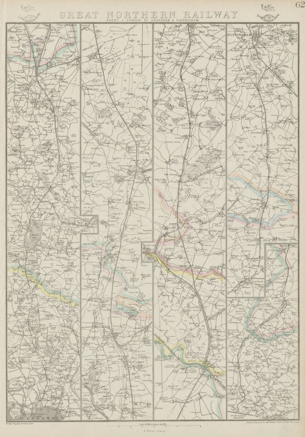 GREAT WESTERN RAILWAY 1. London to Windsor, Reading & Oxford. WELLER 1862 map