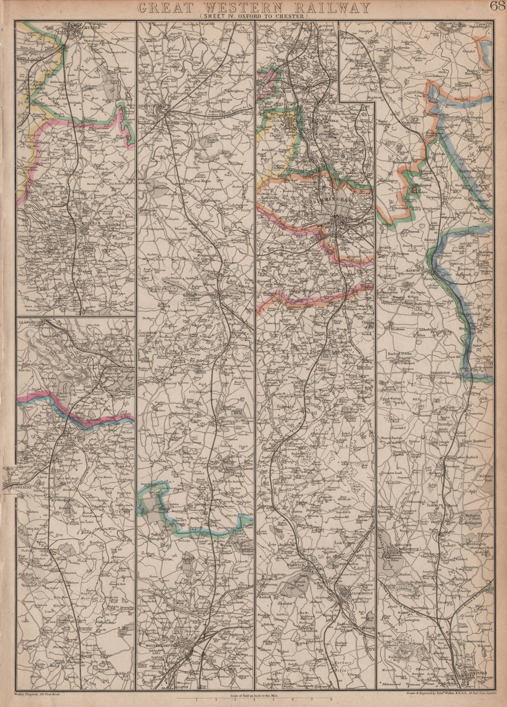 GREAT WESTERN RAILWAY 4. Oxford to Warwick Birmingham & Chester.WELLER 1862 map