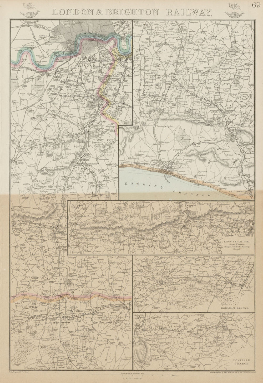 LONDON & BRIGHTON RAILWAY. Reigate Guildford Horsham Uckfield. WELLER 1862 map