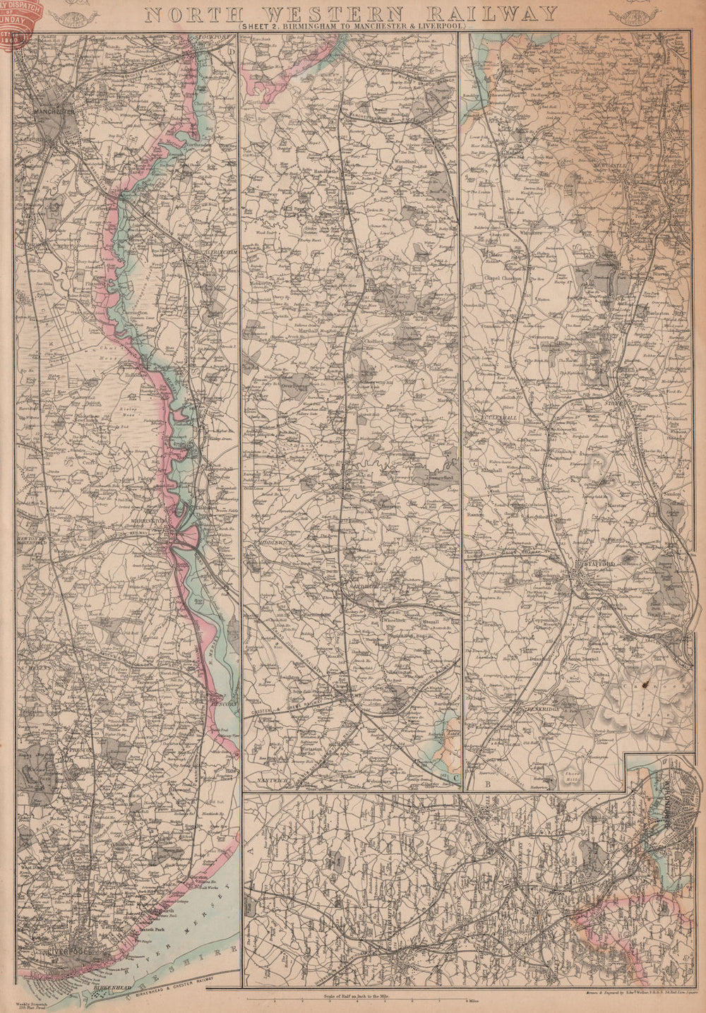 NORTH WESTERN RAILWAY 2. Birmingham to Manchester & Liverpool. WELLER 1862 map