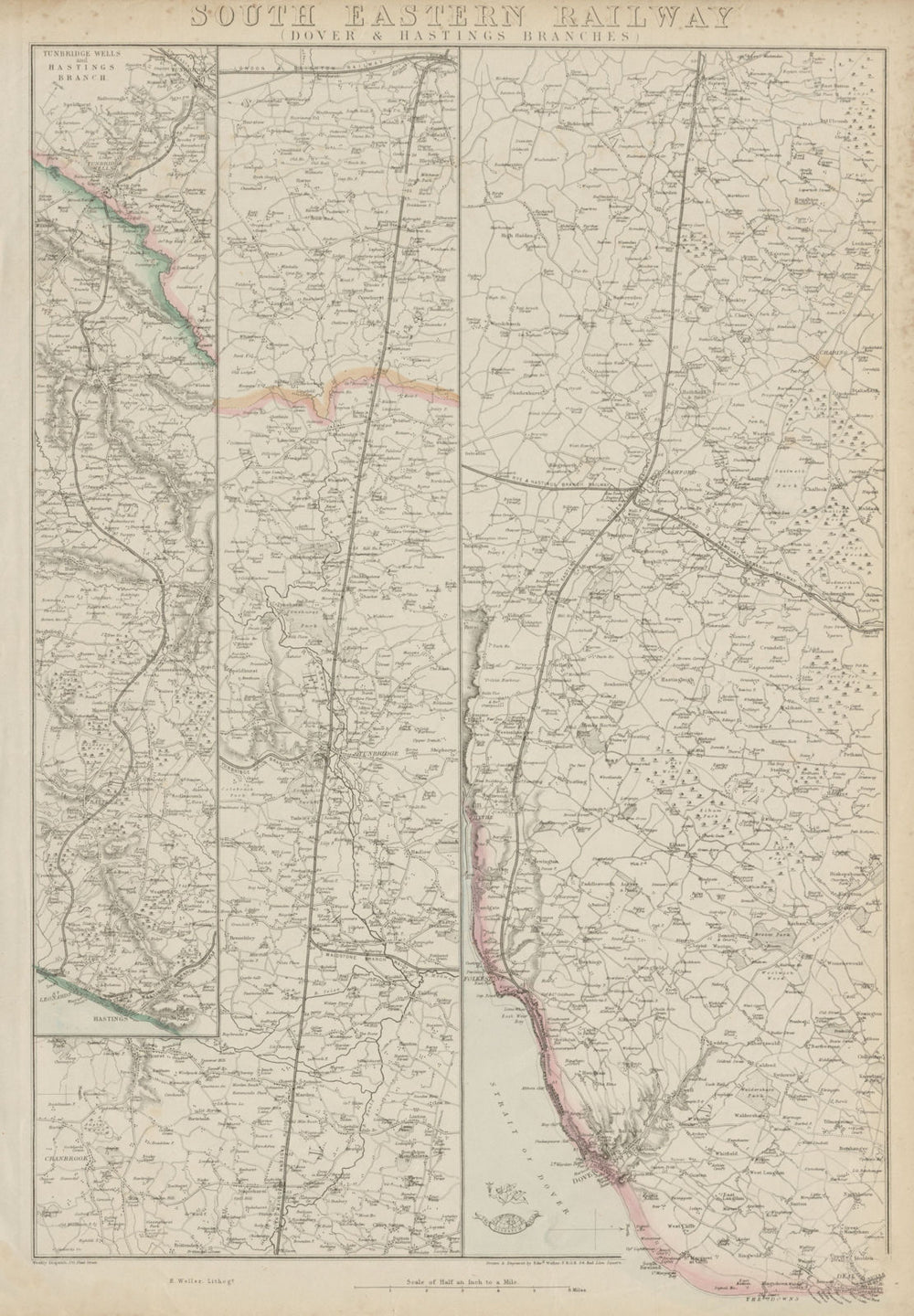 SOUTH EASTERN RAILWAY. Dover & Hastings Branches. Tunbridge. WELLER 1862 map