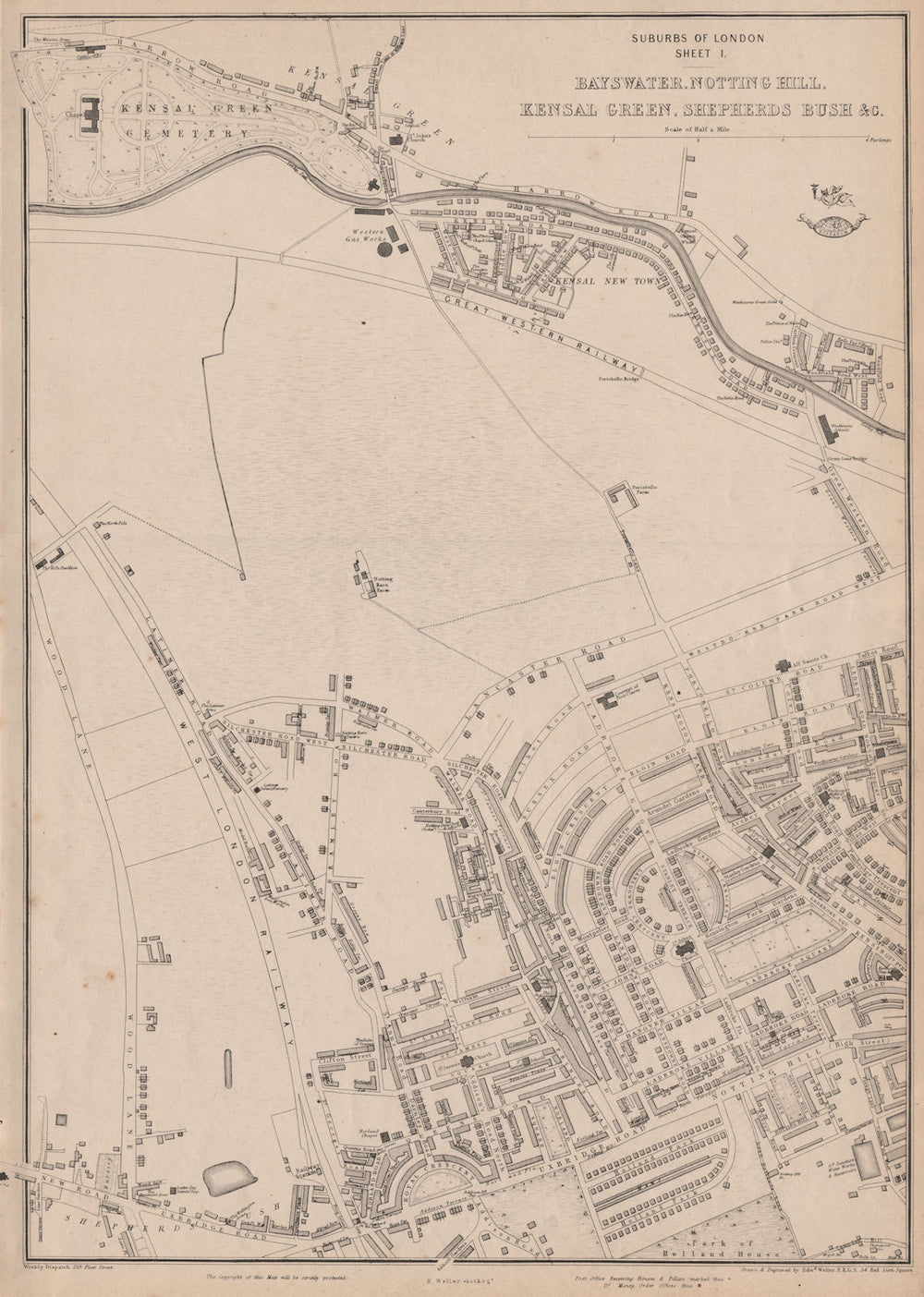 W LONDON. Notting Hill Kensal Green Shepherds Bush Holland Park.WELLER 1862 map