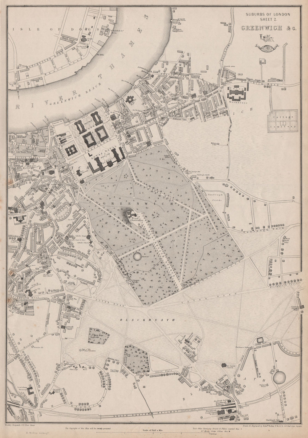 GREENWICH, BLACKHEATH & LEWISHAM. London suburbs.Dispatch Atlas.WELLER 1862 map