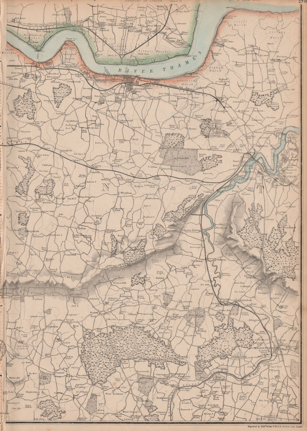 N KENT. Maidstone Rochester Chatham Gravesend Tilbury Thurrock. WELLER 1862 map