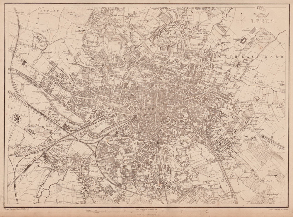LEEDS. Large town/city plan by BR DAVIES for the Dispatch Atlas 1862 old map
