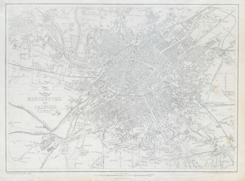 MANCHESTER & SALFORD. Large town/city plan by BR DAVIES.Dispatch Atlas 1862 map