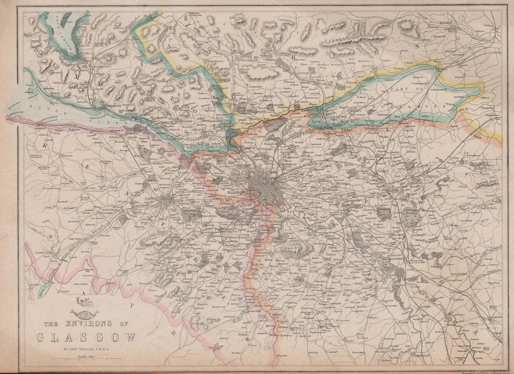 GLASGOW & ENVIRONS. Paisley Dumbarton Airdrie. Scotland. WELLER 1862 old map
