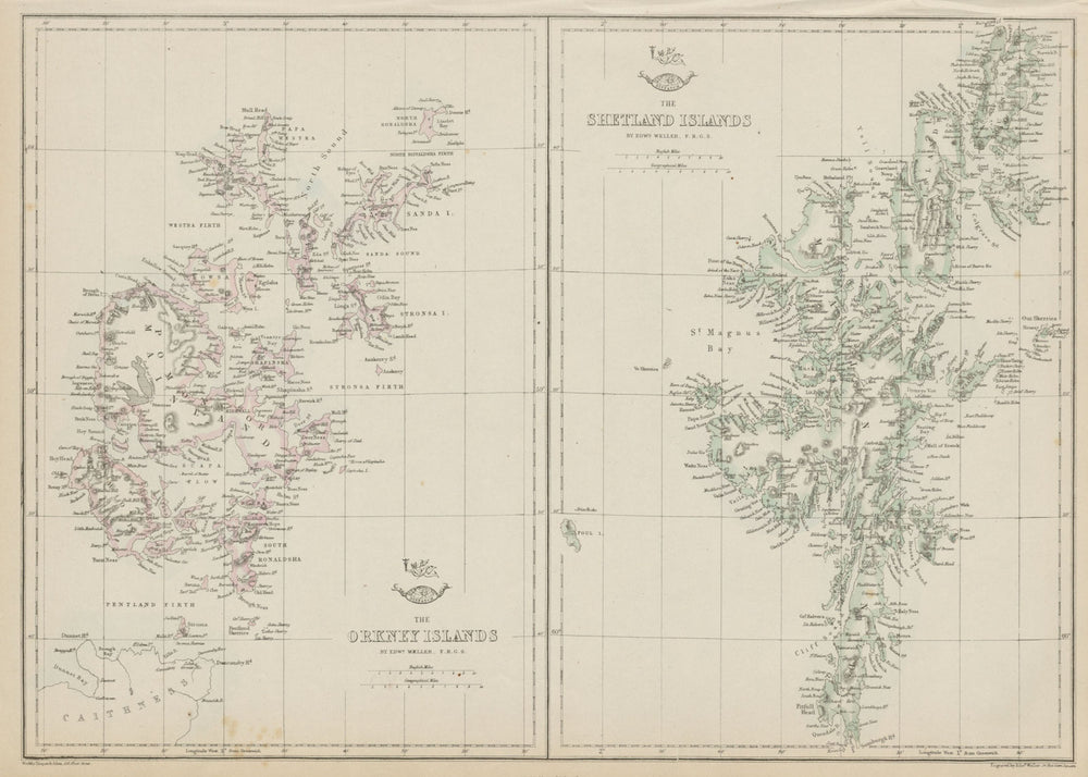 THE ORKNEY & SHETLAND ISLANDS. Scotland. Edward WELLER. Dispatch atlas 1862 map