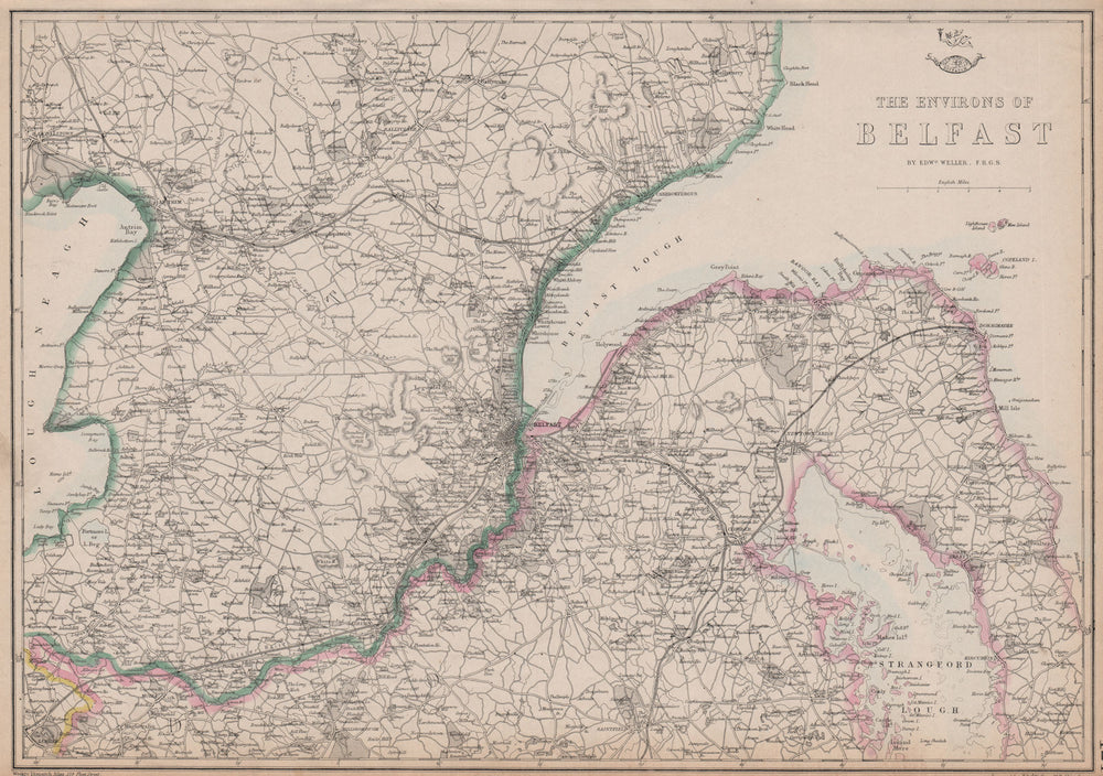 BELFAST ENVIRONS. Lough Lurgan Lisburn Carrickfergus. Ulster. WELLER 1862 map