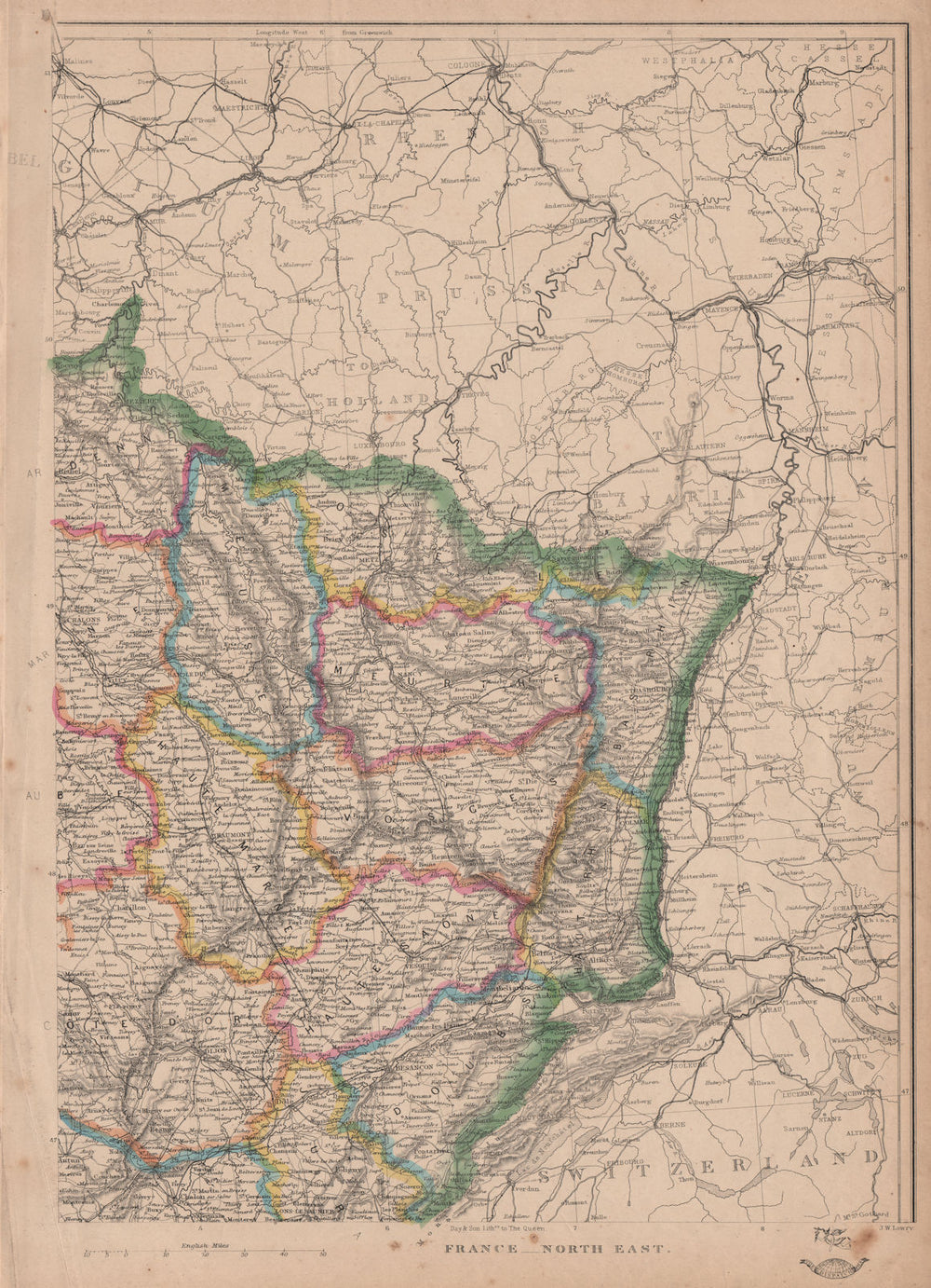 FRANCE NORTH EAST. Alsace Lorraine. Rhin Vosges Saone Doubs. JW LOWRY 1862 map