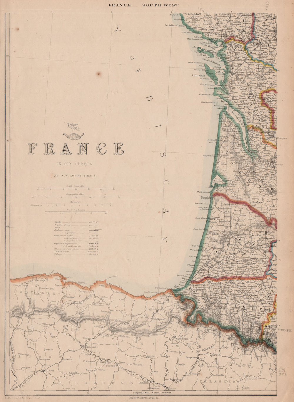 FRANCE SOUTH WEST COAST. Charente Vendee Gironde Landes Pyrenees.LOWRY 1862 map