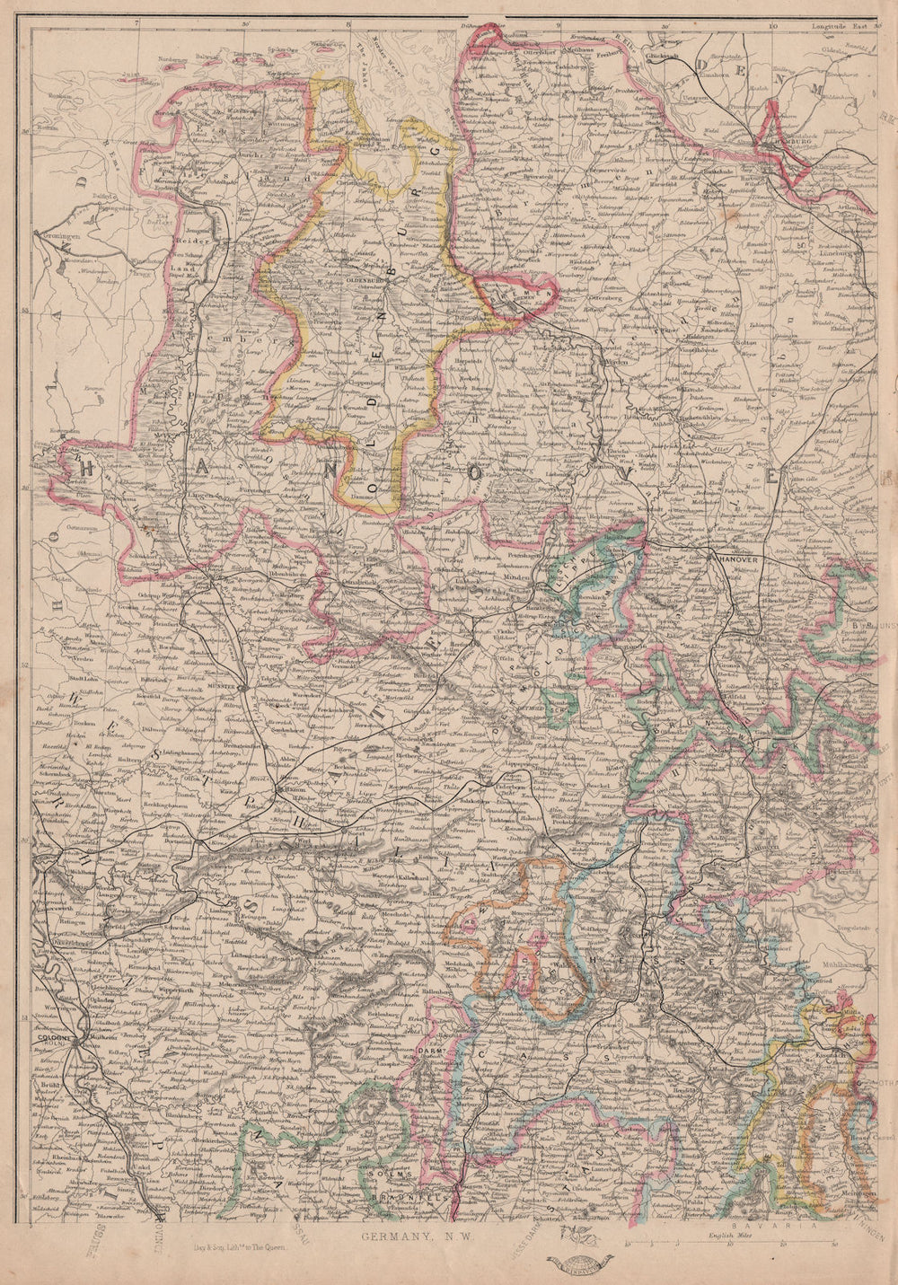GERMANY NORTH WEST. Hanover Westphalia Oldenburg. Railways. JW LOWRY 1862 map