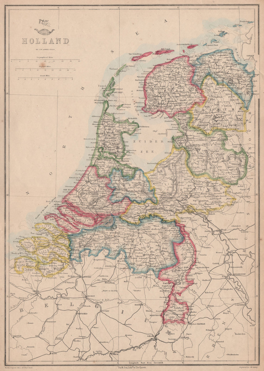 'Holland'. Netherlands in provinces. JW LOWRY for the Dispatch atlas 1862 map