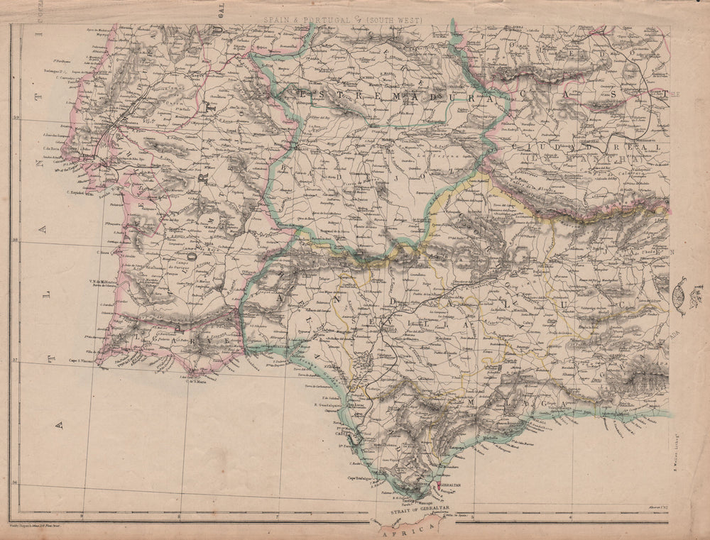 SW IBERIA Spain Portugal railways Cadiz-Cordoba Lisbon-Santarem.WELLER 1862 map