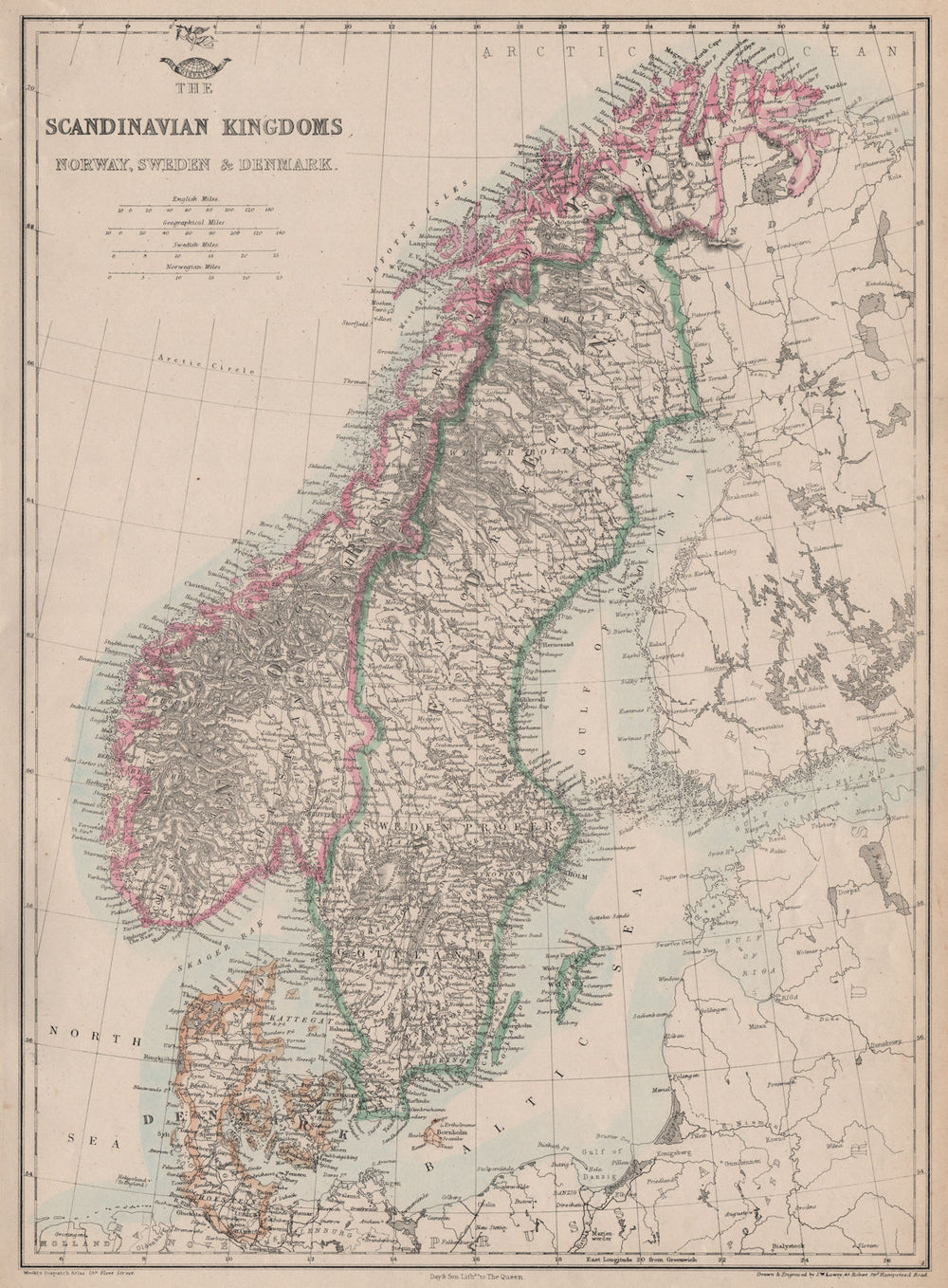 'Scandinavian Kingdoms. Norway, Sweden & Denmark'. Railways. JW LOWRY 1862 map